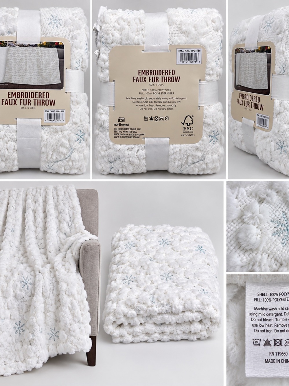Northwest White Faux Fur Embroidered Snowflake Throw